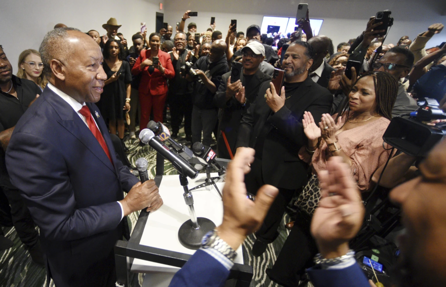 Democratic candidate Henry Whitehorn speaks to supporters during a watch party on Saturday, March 23 in Shreveport after winning the race to become the next sheriff in Caddo Parish.