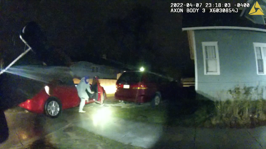 Body camera footage shows Dustin LeVell Saffell exiting the front passenger seat of the car while holding a handgun with an extended magazine. Saffell then raises the gun and begins firing at Sargent Gee, who returns fire.