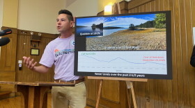 State Sen. Jake Oliviera, who represents Quabbin communities, points out that the reservoir water level has gone down in recent years. He spoke at hearing on Sept 30, 2026, opposing a request by the Massachusetts Water Resources Authority to take 20 million gallons more water a day.