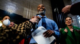 Lamar Johnson speaks to the media on Tuesday, Feb. 14, 2023, after being released from custody at the Carnahan Courthouse — a part of Missouri’s 22nd Judicial Circuit — in downtown St. Louis. Johnson was released after being convicted and jailed for nearly 30 years for a murder he did not commit.