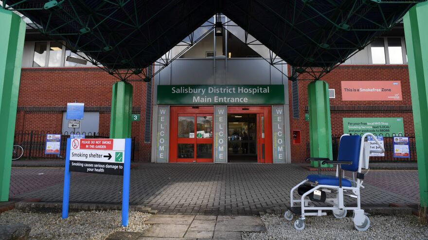 The main entrance to the Salisbury District Hospital in southern England, seen early last month after Sergei and Yulia Skripal were admitted after their poisoning. On Friday, hospital officials noted that both father and daughter have been improving.