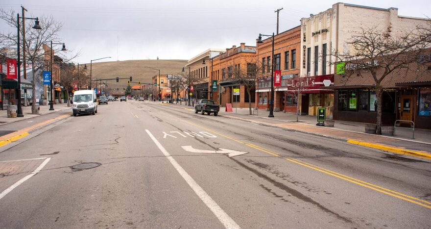 North Higgins Ave. in Missoula was mostly empty on the morning of April 3, 2020. 