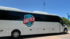 A bus that will be used to transport people from the Kansas City International Airport to Lenexa and Overland Park.