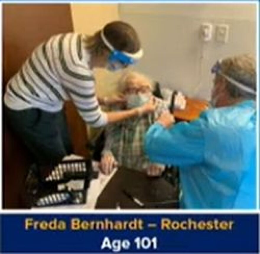 101-year old Freda Bernhardt getting a vaccination against COVID-19 at the Jewish Home of Rochester on Monday.