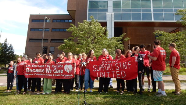 Members of the Vermont Federation of Nurses and Health Professionals protest layoffs at the University of Vermont Health Network