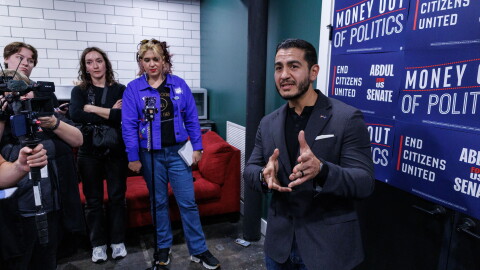 Democratic nominee for U.S. Senate Abdul El-Sayed speaks to reporters after a town hall in Lansing, Mich., hosted by the group End Citizens United on Oct. 9, 2026.