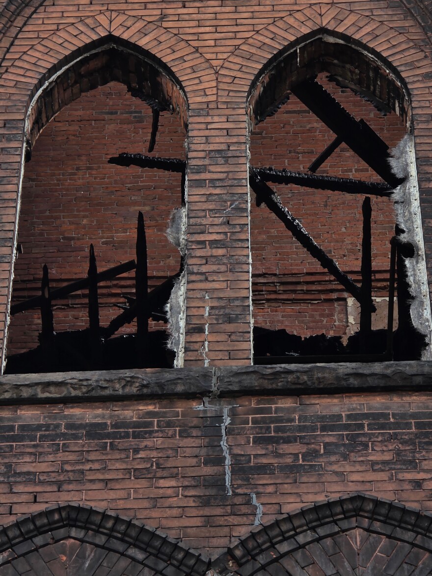 Damage and debris is seen outside the St. Ann's School, which sustained extensive fire damage on Jan. 16, 2026.