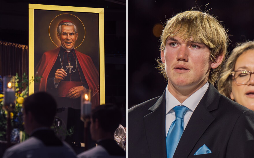 The late Archbishop Fulton J. Sheen, depicted at center, is credited with the miracle that saved the life of James Fulton Engstrom, at right, who was born without signs of life and had no pulse for 61 minutes before his heart began beating. Sheen was beatified by the Catholic Church in St. Louis on Thursday, bringing him one step closer to sainthood.