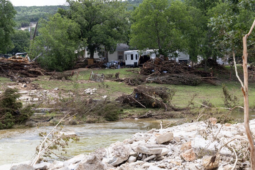 Debris from heavy rain that caused flooding at Big Sandy Creek in Leader, Texas on Tuesday, July 8, 2025. Patricia Lim/KUT News
