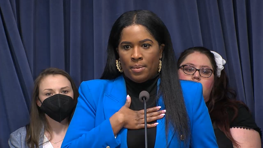 State Rep. Jehan Gordon-Booth from Peoria spoke alongside advocates Susan Stanton, left, and Aubry Stapleton.