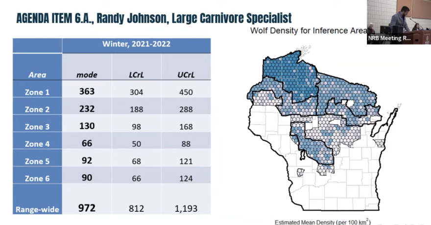 This chart summarizes the Wisconsin DNR's estimated wolf count for winter 2021-2022.