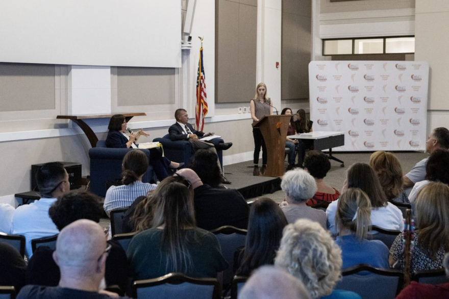 Merced County Superintendent of Schools candidates Ana Boyenga and Richard Lopez respond to questions during a debate in Merced, Calif., on Tuesday, Sept. 29, 2026.