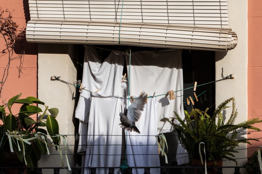 The home of an elderly man in Barcelona who stays indoors except to hang clothing and feed the pigeons.