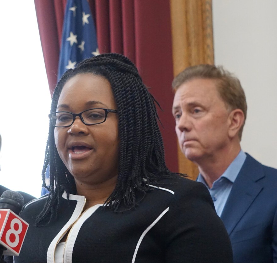 Office of Policy and Management Secretary Melissa McCaw in Gov. Ned Lamont in May 30, 2019 file photo.