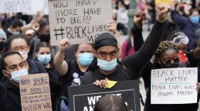 Demonstrators march in lower Manhattan as rallies across the five boroughs are being held after George Floyd died in police custody.