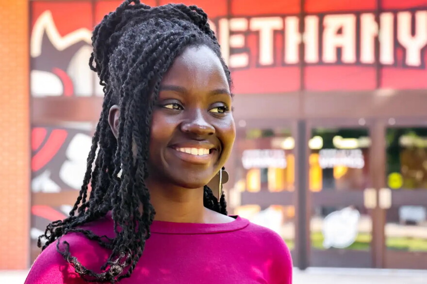 Kelma Ngwa Amambua, 21, of The Gambia poses for a portrait on campus at Bethany Lutheran College in Mankato, Minn., on Aug. 27.