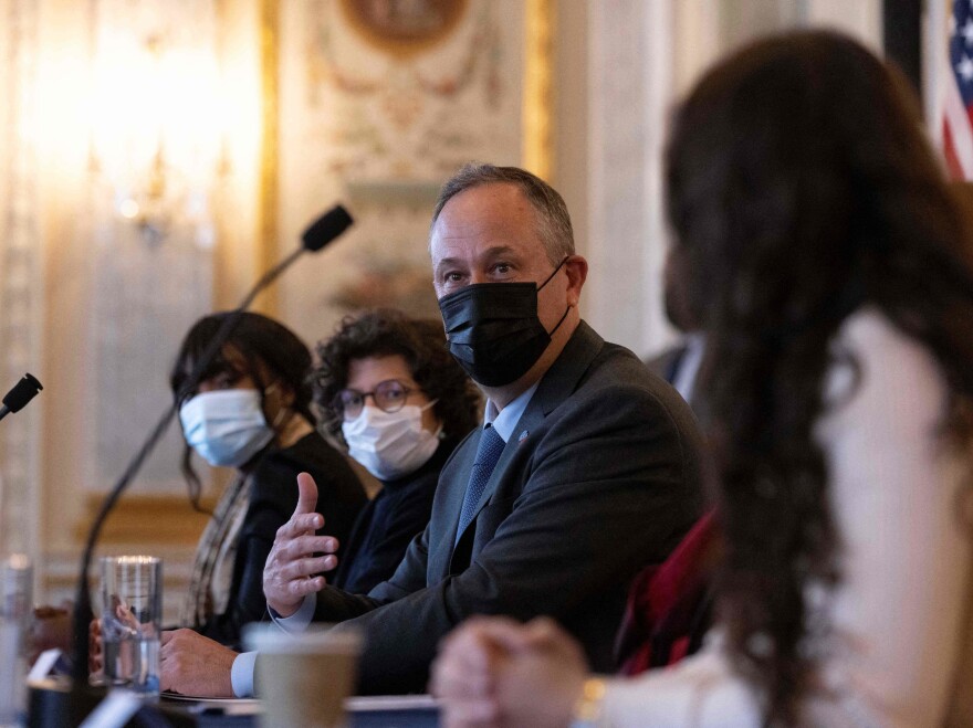 Douglas Emhoff at a listening session on gender equity in Paris. He said part of his role is sending a message on how men can support women. "Men need to step up and be part of the solution," he said.