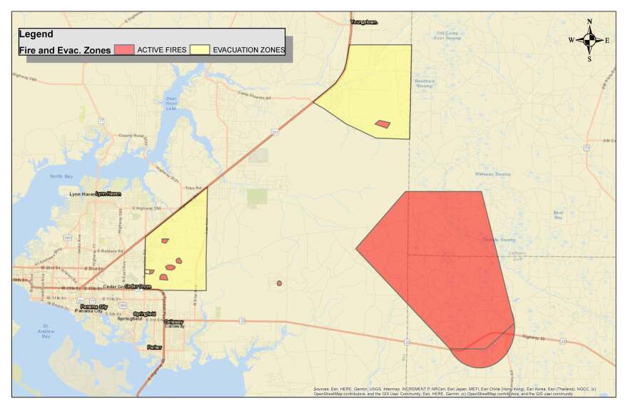 This map shows areas under mandatory evacuation orders in Bay County and the location of the wildfires.