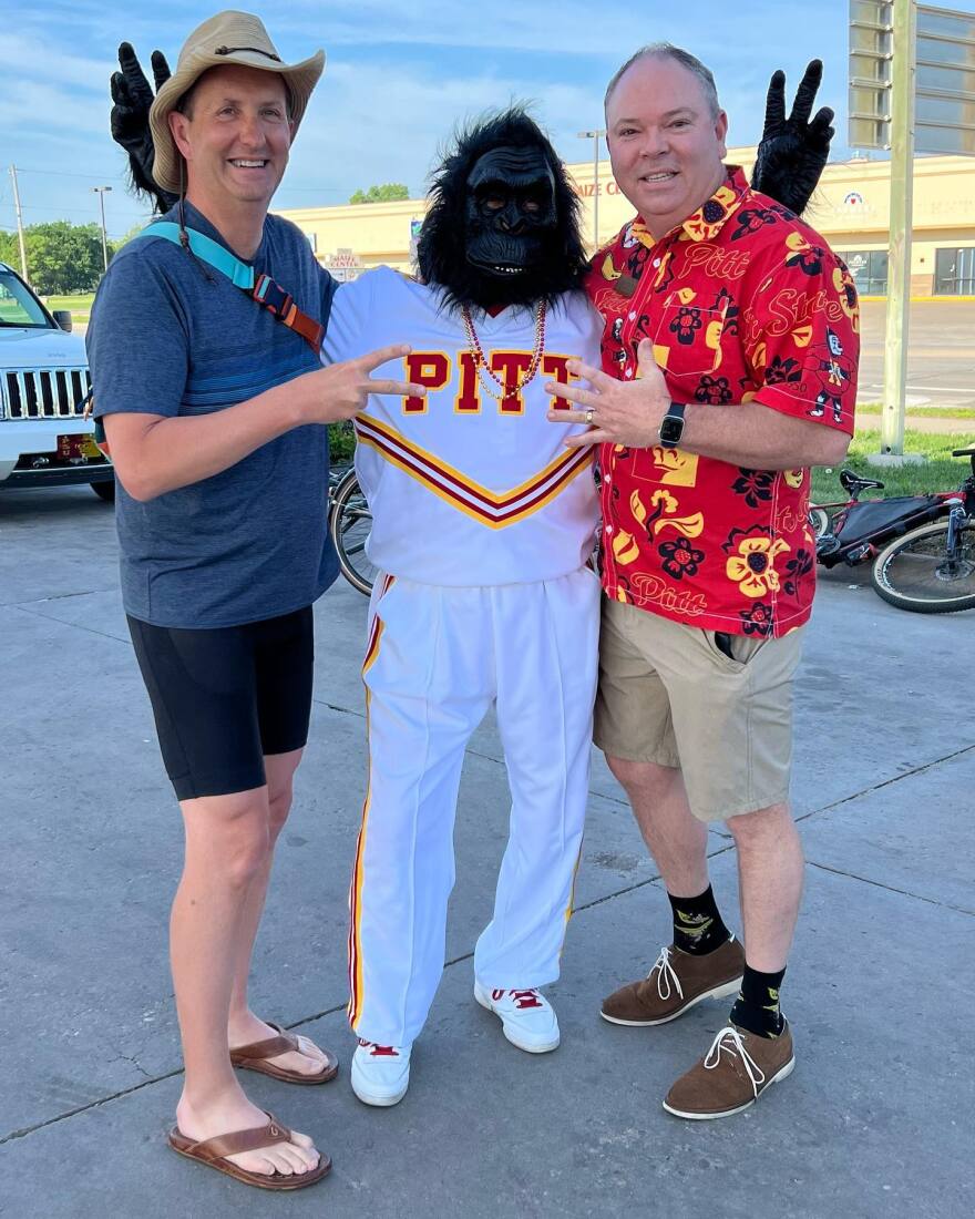 PSU President Dan Shipp (L), Wichita resident Dan Alcala (BST ‘73) in the Gorilla suit