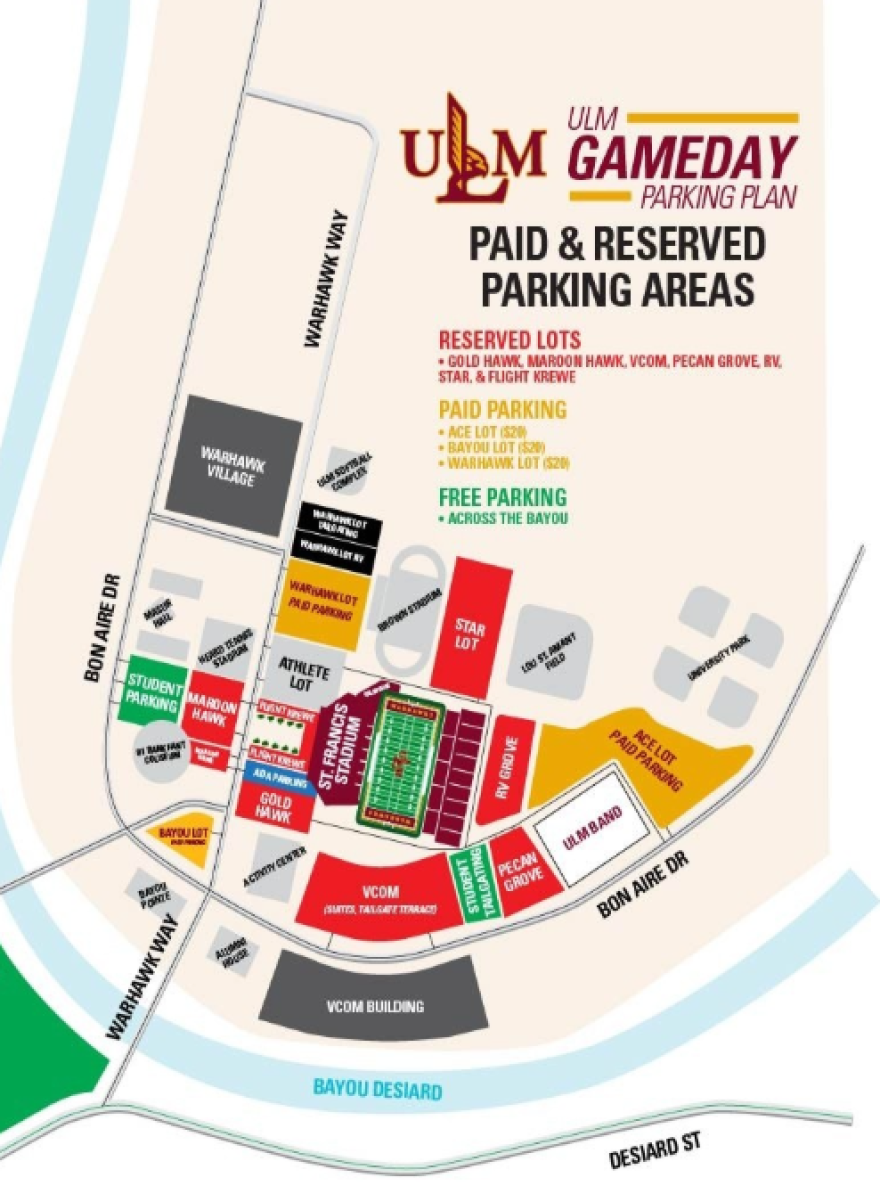 Parking Map for the University of Louisiana at Monroe Football Game