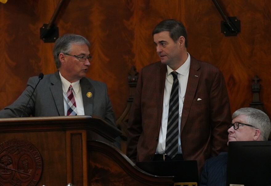 House Majority Leader Davey Hiott, R-Pickens, talks with House Speaker Murrell Smith, R-Sumter, in the House chamber at the Statehouse on Feb. 4 , 2026.