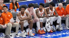 Clemson players sit on the bench near the end of the second half of the Atlantic Coast Conference NCAA college basketball tournament after their lost to Boston College, Wednesday, March 13, 2024, in Washington. Boston College won 76-55. (AP Photo/Susan Walsh)