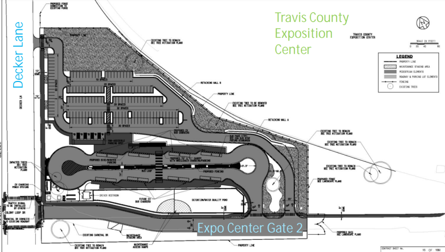 A schematic design of the Expo Center Park and Ride on Decker Lane, showing multiple parking areas. The layout includes charging bays for buses, driver restrooms, and proposed bike/scooter parking.