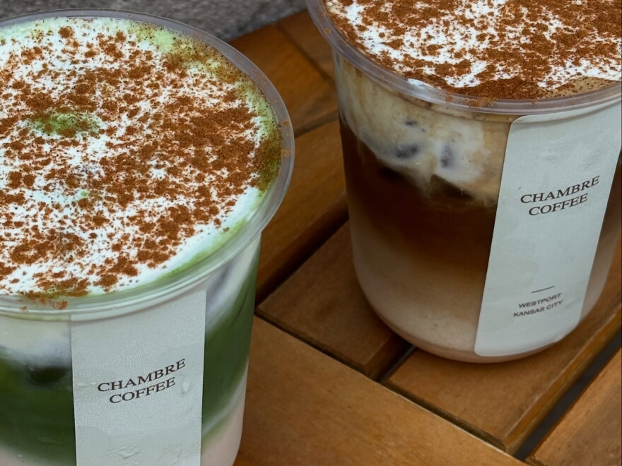 The toasted caramel matcha, left, at Chambre Coffee in Westport.