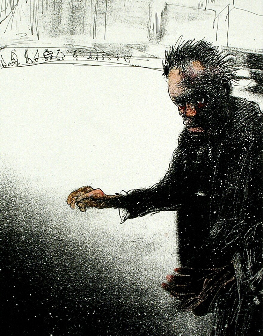 Ralph Steadman displays his signature style in this 1970 drawing of a New York homeless man.