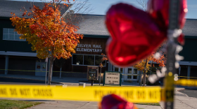 Makeshift memorial in front of Silver Rail Elementary School in Bend, Ore., on Oct. 16, 2026.