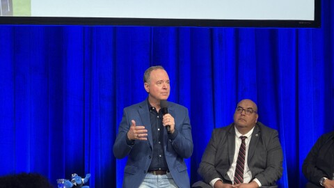 US Sen. Adam Schiff speaking to students at San Bernardino Valley College.