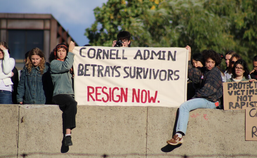 A large crowd gathered on Cornell’s campus Monday afternoon to show support for a Cornell student, known as Jane Doe, who alleges she was raped by fraternity members on campus in 2024.