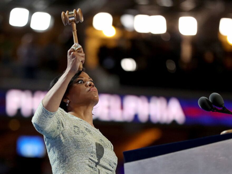 Baltimore Mayor Stephanie Rawlings-Blake came back to the stage, after forgetting to bang the gavel to call to order the first day of the Democratic National Convention on July 25 in Philadelphia.