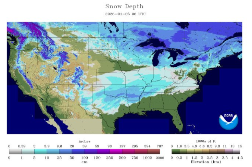 Snow depths reported on 1/25/2026.