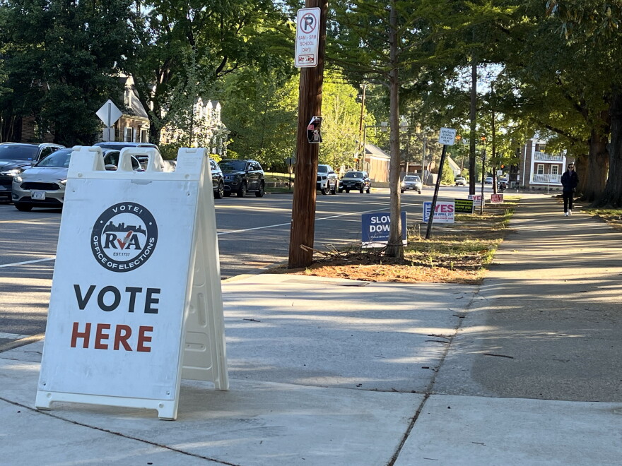 A sign marks a polling place in Richmond on April 21, 2026.