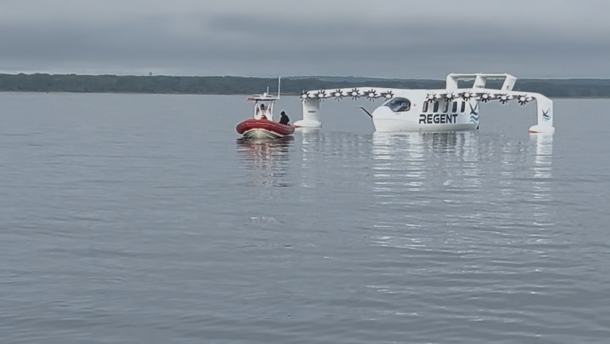The Viceroy, a prototype electric seaglider, can carry 12 passengers 180 miles at a speed of 180 mph, according to manufacturer Regent Craft in North Kingstown, Rhode Island. Credit: David Wright/Ocean State Media