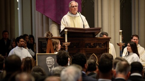 March 16, 2026; University of Notre Dame President Emeritus John I. Jenkins, C.S.C. was the homilist at the funeral of former Notre Dame football coach Lou Holtz, who died March 4, 2026 at age 89.