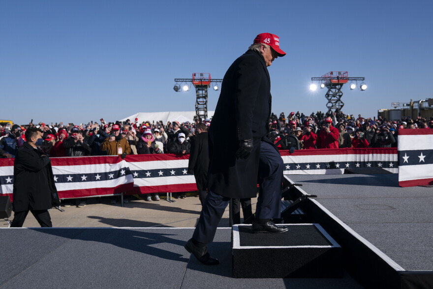President Donald Trump arrives for a campaign rally at Dubuque Regional Airport, Sunday, Nov. 1, 2020, in Dubuque, Iowa.