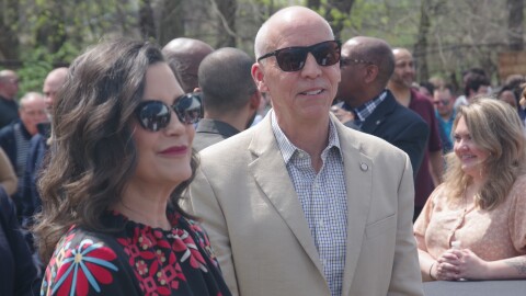 Michigan Governor Gretchen Whitmer and Kalamazoo Mayor David Anderson at the groundbreaking of the William Schma House on Tuesday.