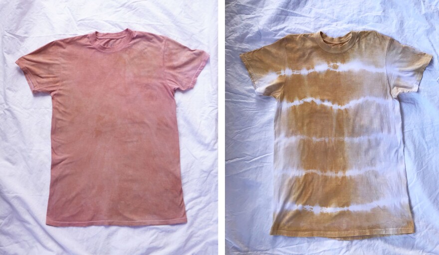 Left: A t-shirt dyed with avocado pits; Right: A t-shirt died with onion skins.