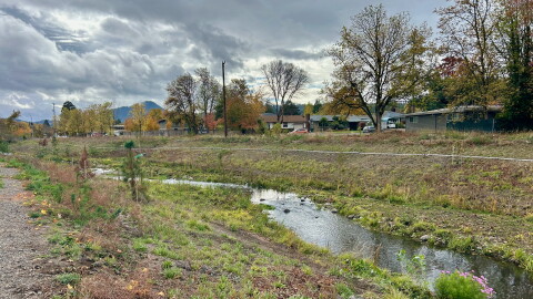 A stream runs between a bike path and a street
