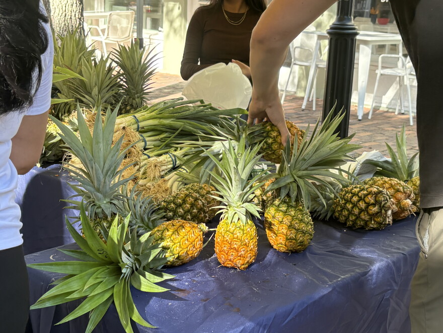 Pineapples for sale at a market.