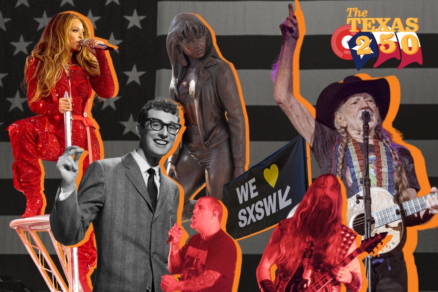 A collage of Texas musicians set over the American flag.