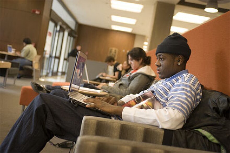 students sit working on laptops