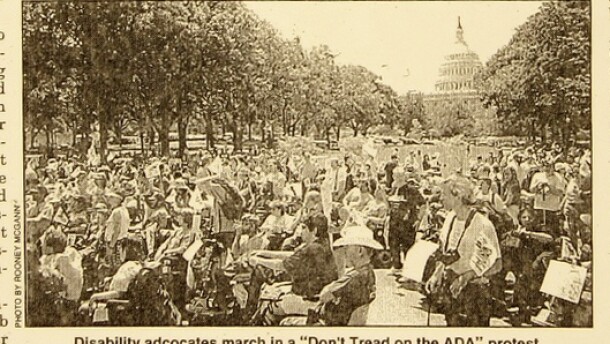 A clipping from Able News in June 1999 depicting American Disabled for Attendant Programs Today's (ADAPT) May 12, 1999 "Don't Tread on the ADA" protest where thousands of disabled people and allies gathered in Washington, DC as the Supreme Court considered Olmstead vs L.C.