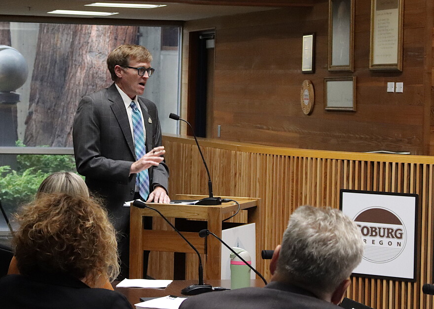 James Cleavenger, Oakridge's City Administrator, speaks at a Board of Lane County Commissioners meeting on Oct. 20, 2026.