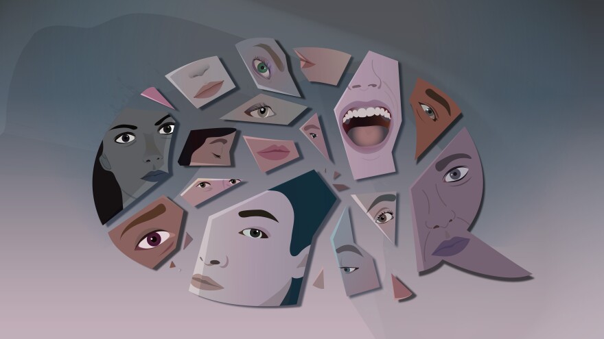 a shattered speech bubble reflects the faces of girls and young women