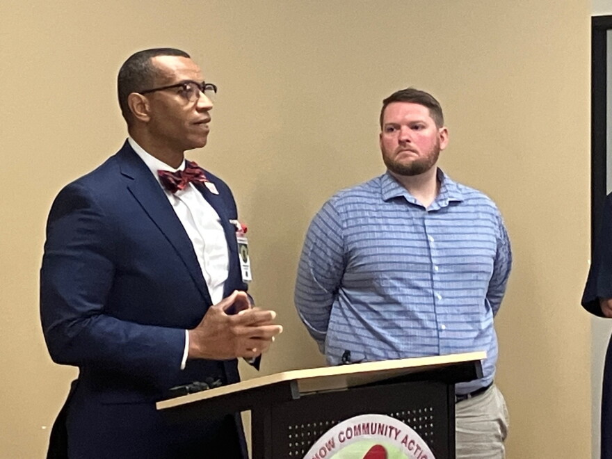 Project NOW executive director Dr. Dwight Ford, who is a Head Start graduate himself, speaks at a press conference Thursday morning, Sept. 17, as United Way's Ryan Sempf looks on.
