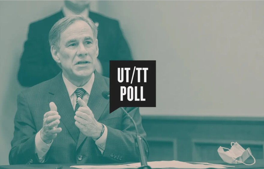 Photo illustration of Gov. Greg Abbott with a UT/TT Poll logo