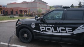 A Carbondale Police vehicle parks outside the town recreation center. April 14, 2026.
